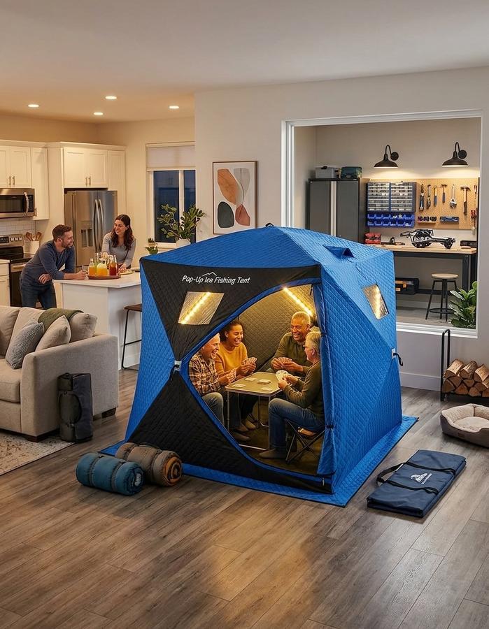 Pop-Up Ice Fishing Tent with 49Ft LED Light Strip in use